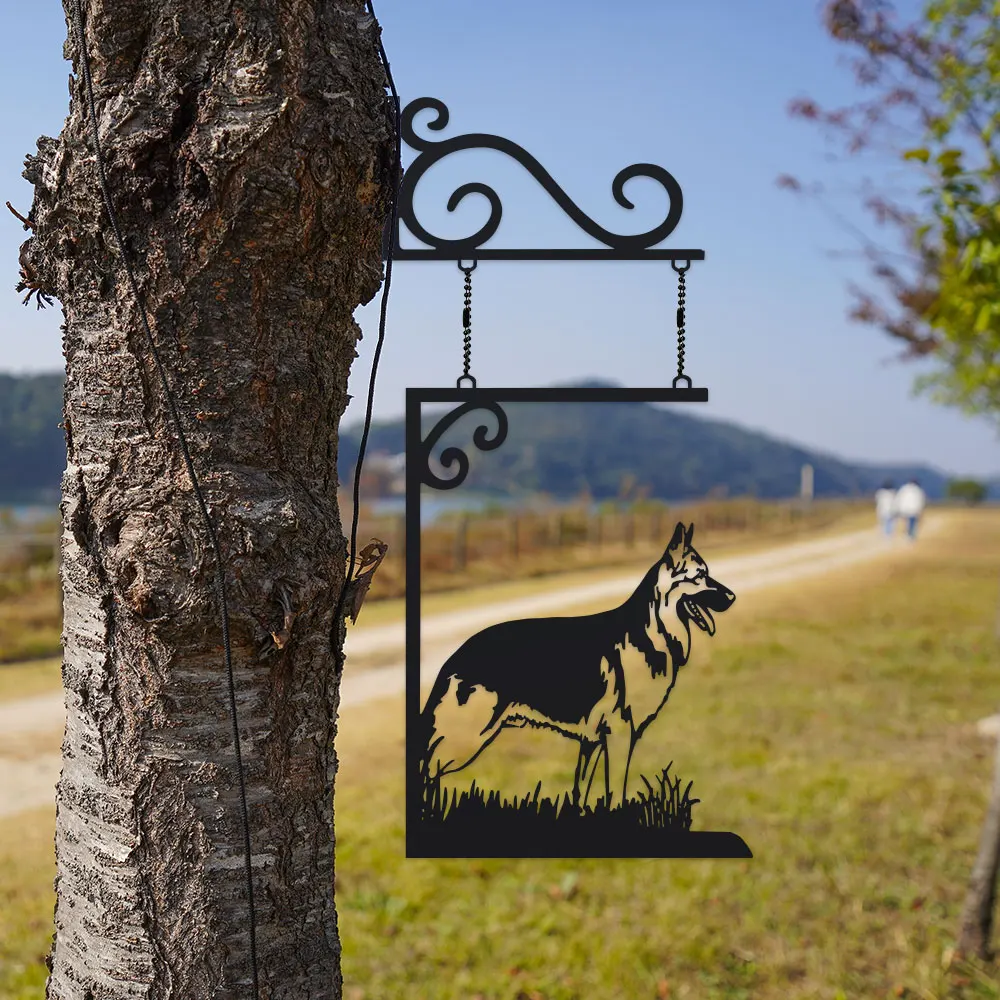 Metal Wind-Activated German Shepherd Art. This moving, swingable outdoor decor adds life to your fence, garden, or rustic cabin.