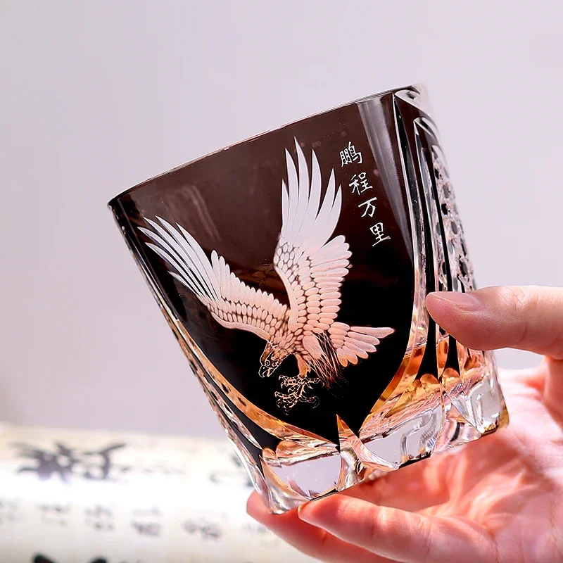 Engraved Old Fashioned Glasses Whisky Glass Vintage Personalized Eagle Pattern Glassware 320ml