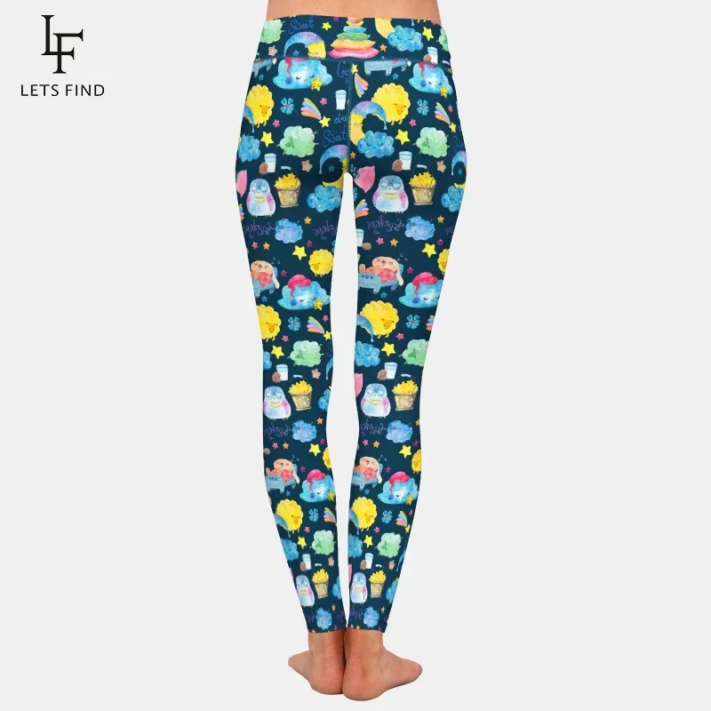 LETSFIND Cartoon Hand Drawing Elements Cute Animals and Children Print Fitness Leggings High Waist Women Pants