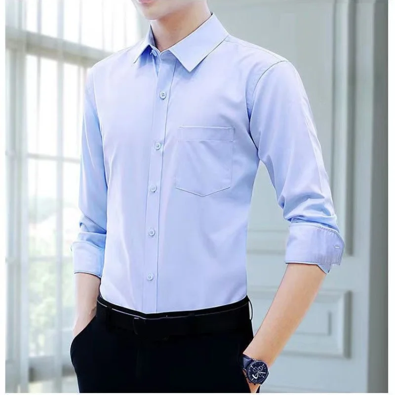 S-8XL Spring and Autumn men's long sleeve shirt free ironing business casual single pocket striped slim professional work shirt