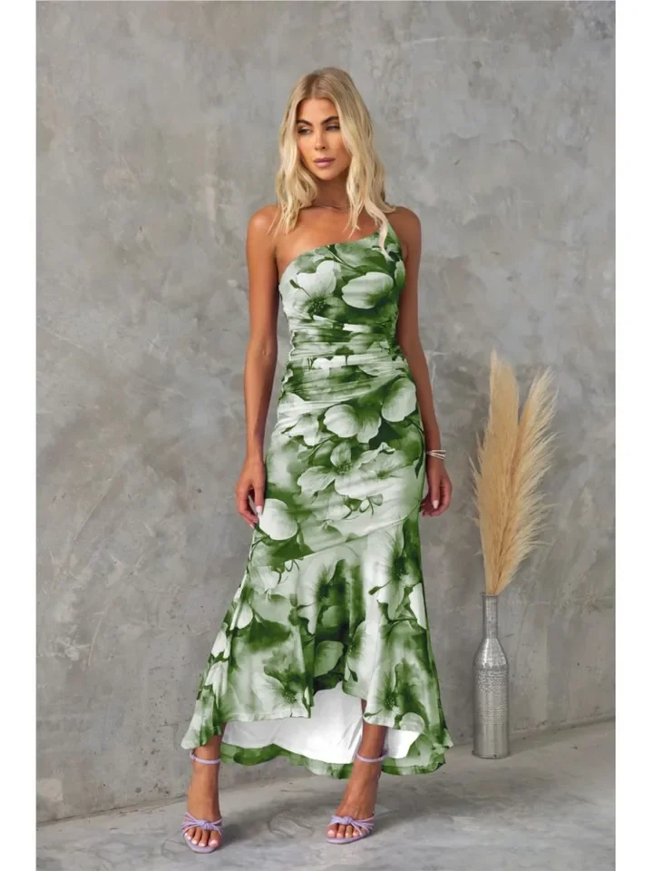 Elegante um ombro impresso vestido longo para primavera verão vestidos femininos sexy sem mangas vestido irregular casual vestido de festa