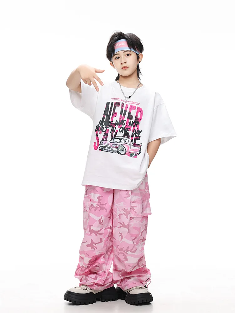 Abbigliamento Hip Hop per bambini T-shirt grafica bianca T-shirt mimetica rosa Pantaloni cargo larghi casual per vestiti per costumi da ballo jazz per ragazza ragazzo