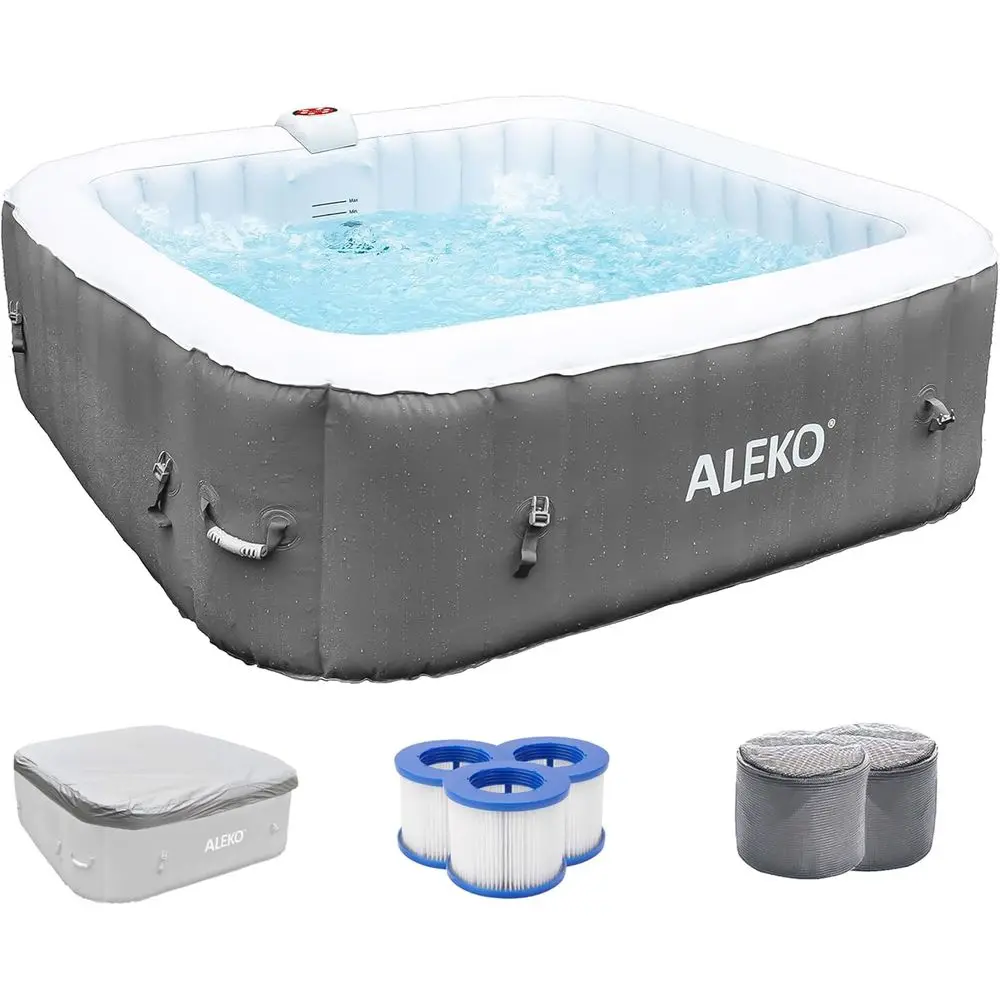

Портативный квадратный спа-бассейн на 6 человек с нагревателем 1200 Вт, 130 форсунками, цифровым управлением, фильтрующим насосом и чехлом - серый, 265 галлонов
