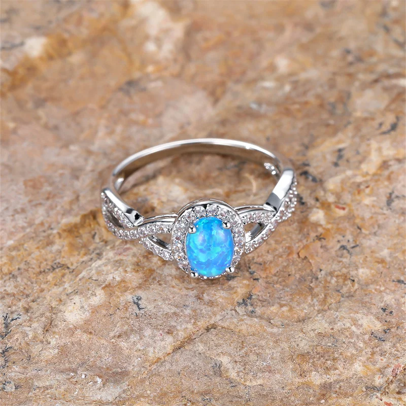 Women's Blue Opal Stone Infinity Engagement Ring with White Zircon