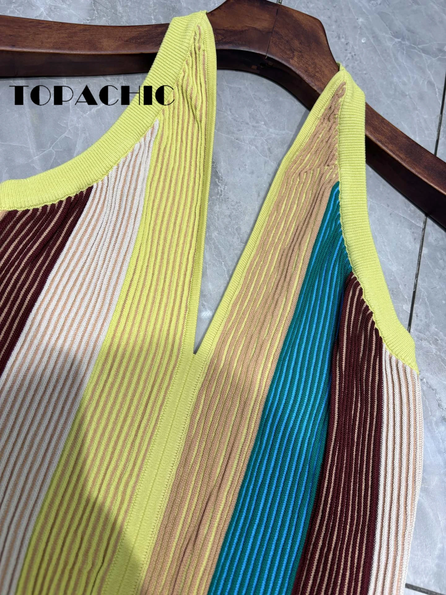 5.8 TOPACHIC-Women\'s Elegant Striped Contrast Color High Collect Waist Long Dress Sexy Backless Halter Sleeveless Knit Dress