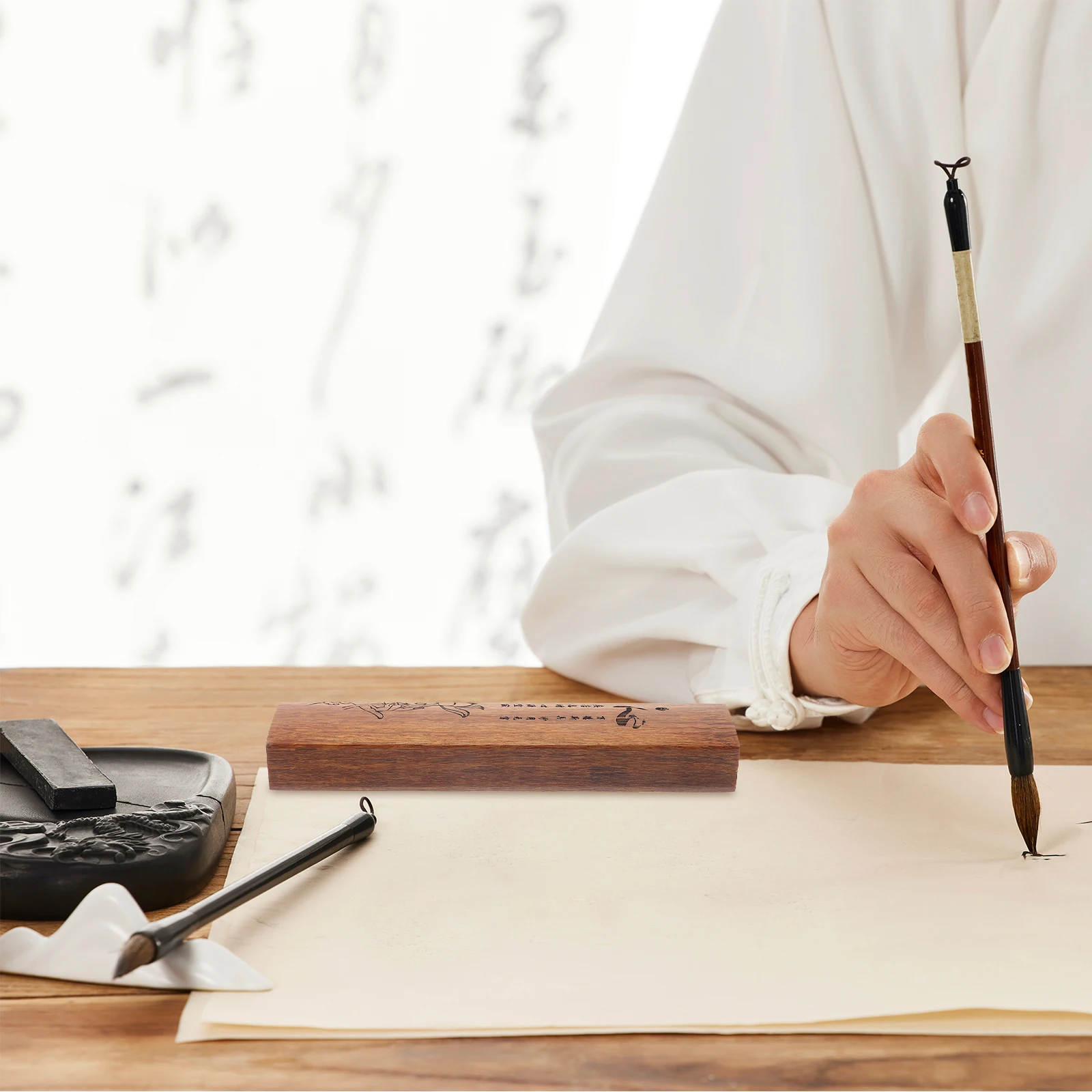 

2pcs Wood Calligraphy Paperweight Sturdy Rectangular Design For Writing Practice Desk Decoration Vintage Style Decorative