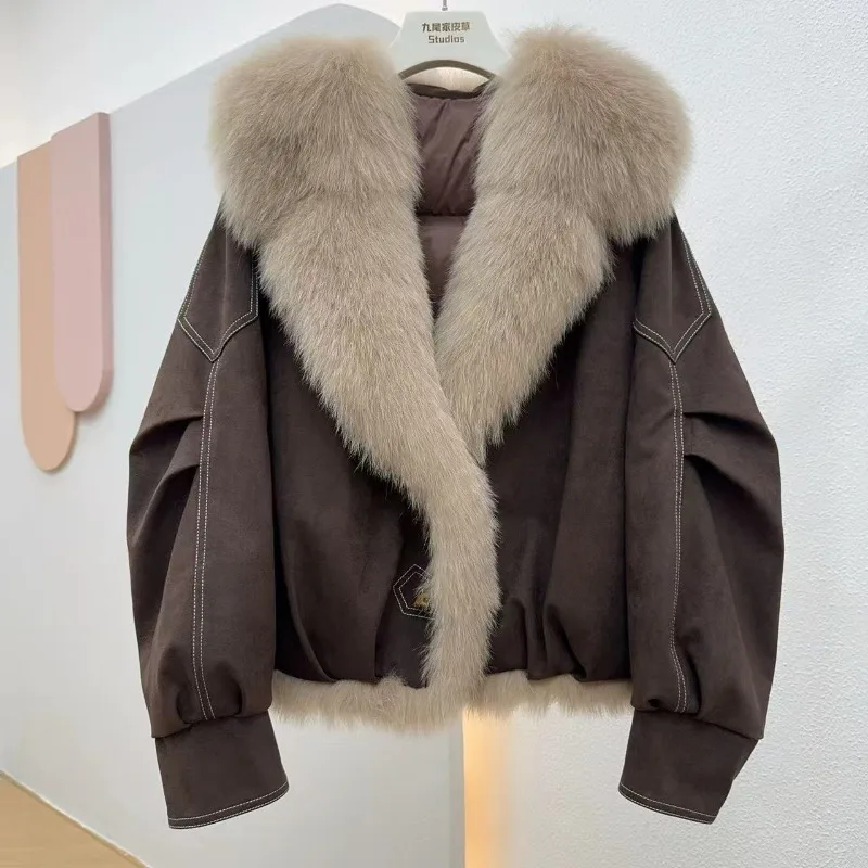 Style Large Fur Collar Motorcycle Short Fur-like Fur Coat Women's Best-selling Parker Down Jacket Outerwear New Autumn Winter