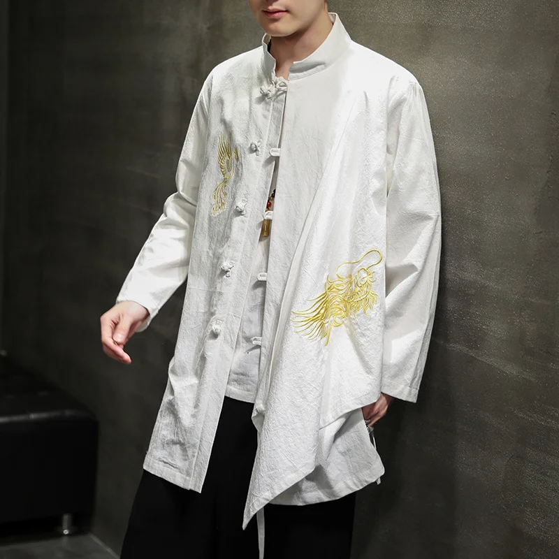 

Chinese Traditional Dress Loose Plus Size Mid-length Hanfu Wu Dang Embroidery Tops Tai Chi Shirt Men Clothing Oversized Coat