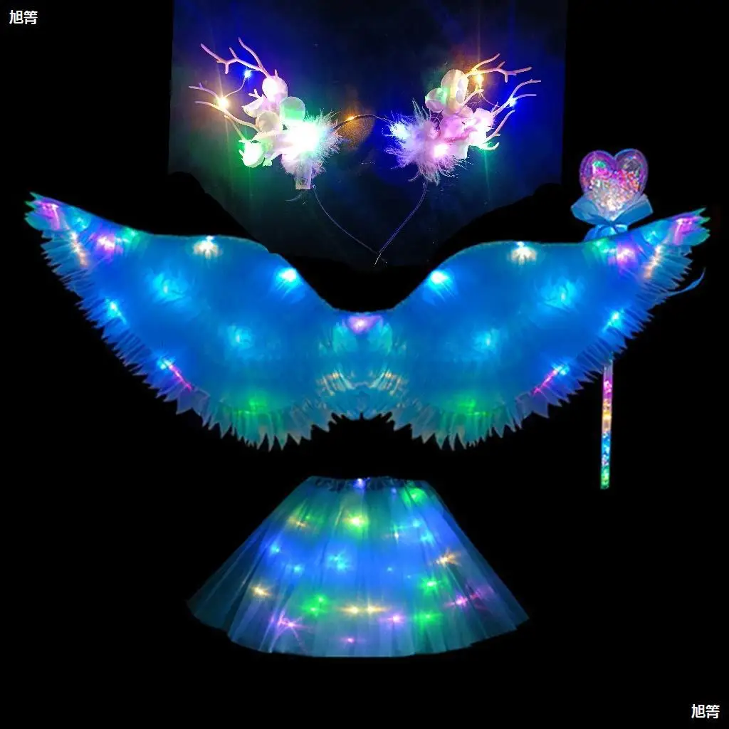 Fada de anjo iluminada menina Cosplay Fantasia, Saia, Faixa de cabeça, Varinha, Dia das Bruxas, Festa Festival, Acessórios de Vestir, Presente para Criança, 2024