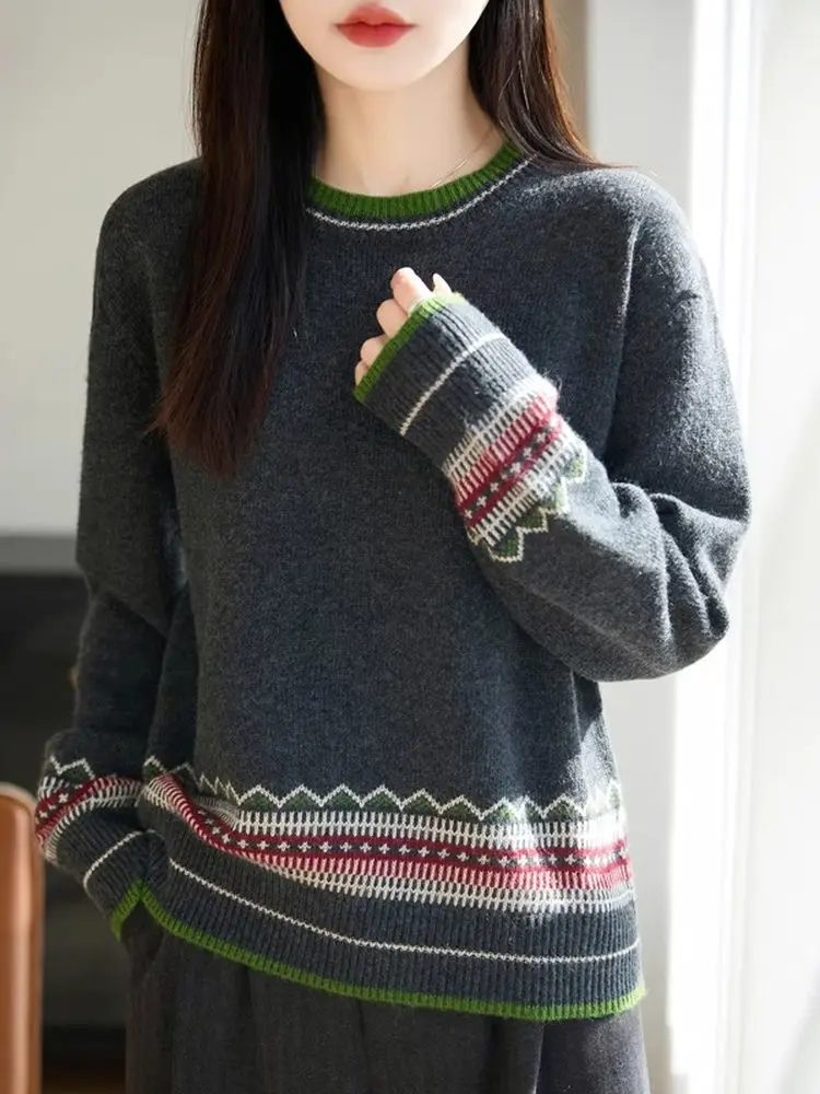 Faionable Color Blo redondo Ne suéter de punto mujer suelta Fair Isle Vintage prendas de punto versátil Anti envejecimiento Base irt