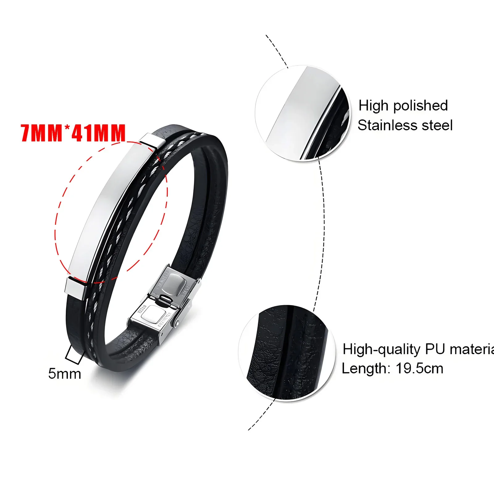 Dubbellaagse gecoördineerde PU lederen armband met gebogen plaat van roestvrij staal, gegraveerd, modieus juweel, Vaderdag cadeau