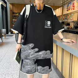 M-6XL Men's Short Suits Oversized T-Shirt Shorts 2-Piece Set Tracksuit Harajuku High Street Clothing Creative Pattern Men's Suit