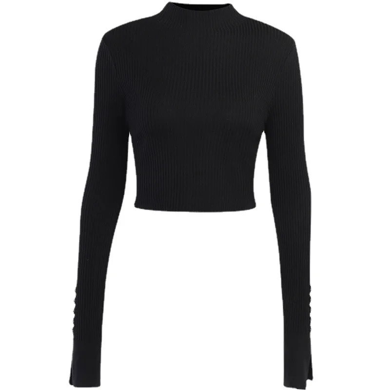 Novas Senhoras Mock Neck Sólidos Curto Camisola Mulheres Botão Fino Pulôver de Manga Comprida Moda Feminina Outono Inverno Jumper de Colheita Topo