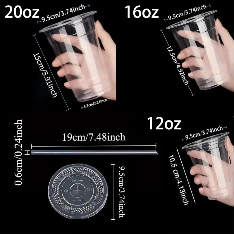 50PCS Disposable Plastic Cup with Lid and Straw Clear Disposable Cups Iced Coffee Smoothie Milkshake Cold Drinks Party Supplies