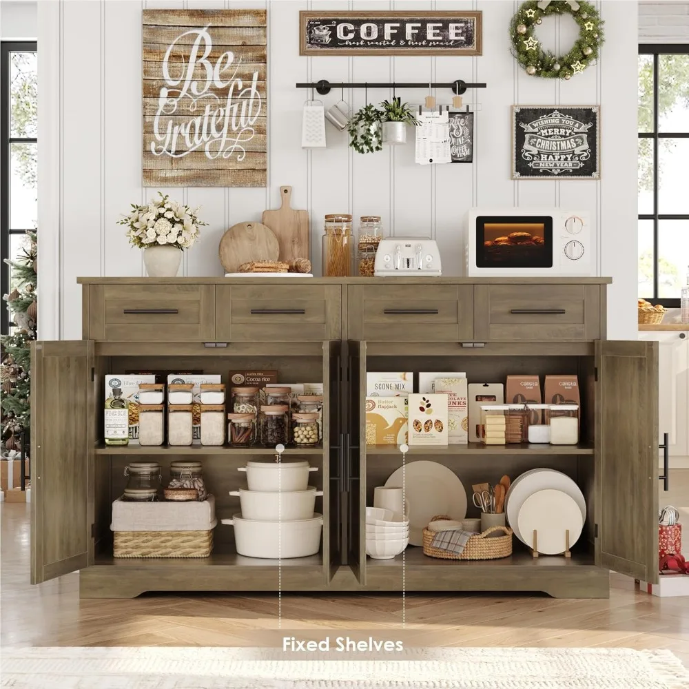 خزانة جانبية كبيرة مقاس 60 بوصة مع مساحة تخزين، وخزانة تخزين بوفيه المطبخ بطول 36 بوصة مع 4 أدراج، وخزانة بار القهوة الحديثة مع #5