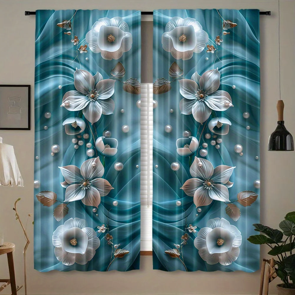 Stereo Pearl White Flower Curtain 2 Panels Soft Cyan Flowing Silk Shiny Metal Foliage Inn Room Curtain High End Lady Bedroom
