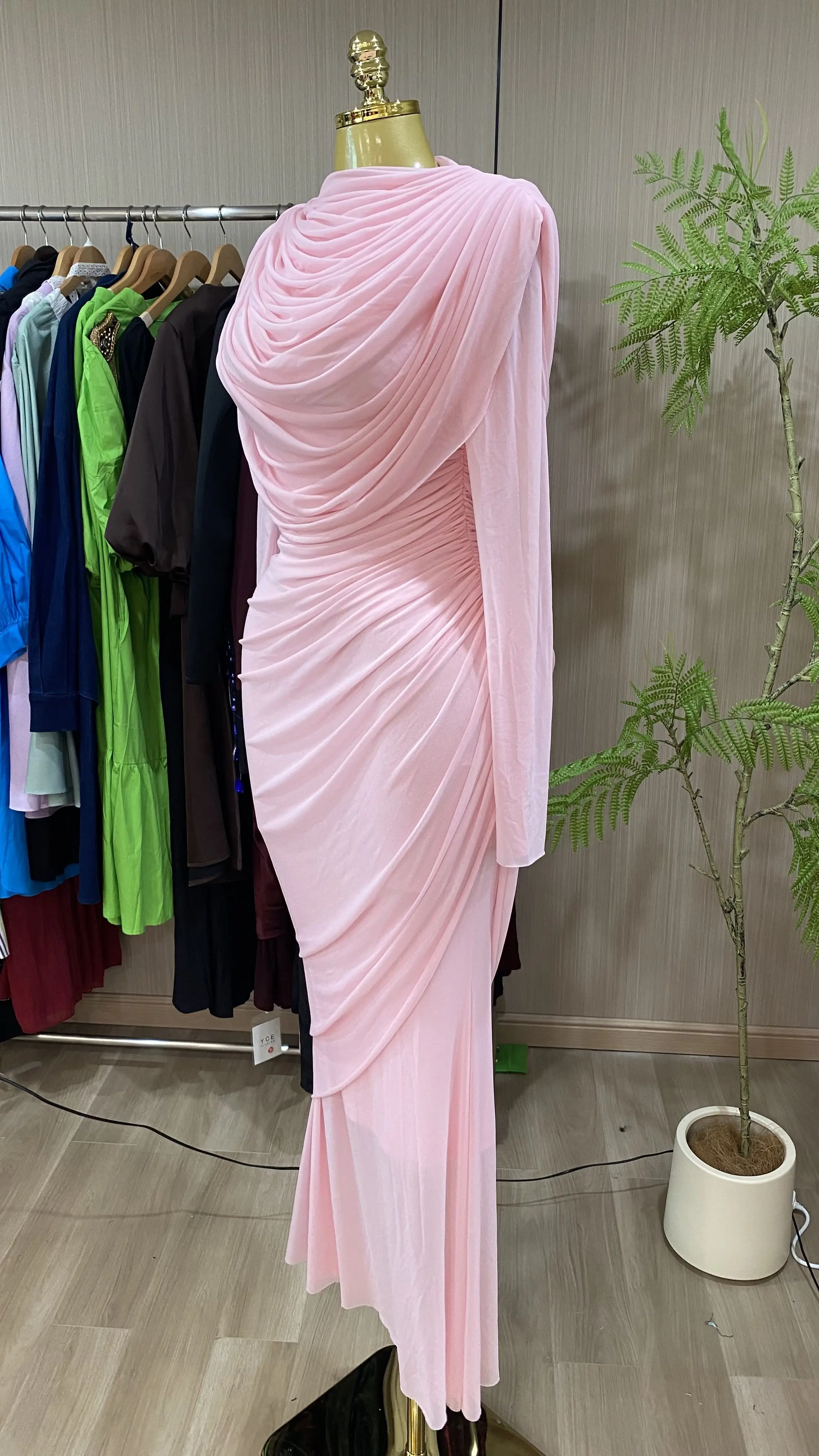 2026 New Fashionable Casual Irregular Pleated Round Neck Draped Long Sleeve Party Evening Dress-GZXX823
