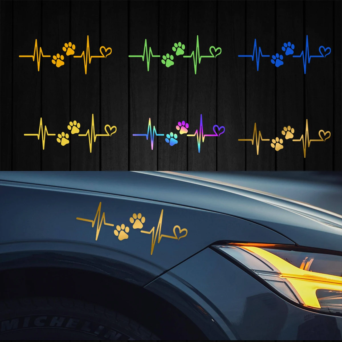 

Heartbeat Dog Paw Decorative Reflective Stickers Moto Accessories Decals Bike Scooter Body Helmet Fuel Tank Windshield Decals