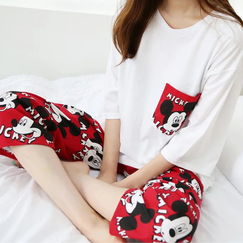 

Mickey Pajamas Summer Pajamas Women's Short Sleeve 7-point Pants Cartoon Cute Fashion Outer Wear Housewear Set