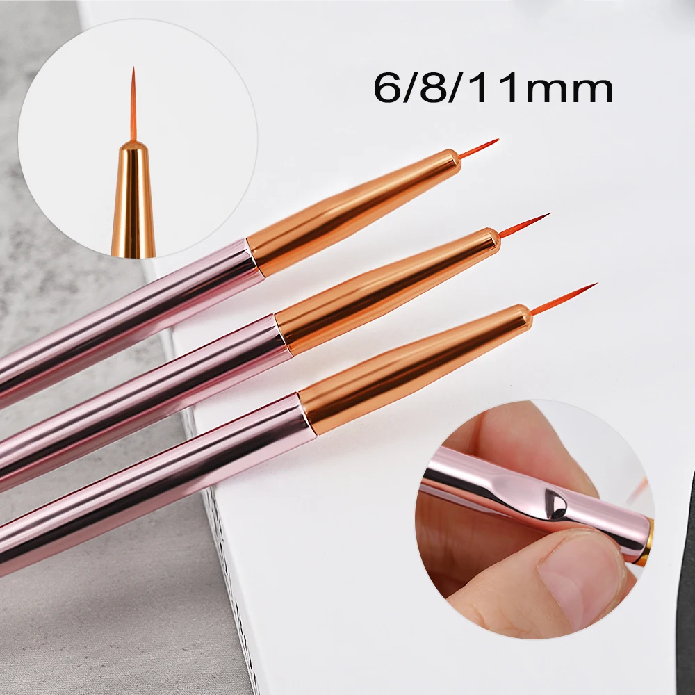 3/5 Pz/set Oro Rosa Nail Art Liner Brush Set 6/8/11mm Non-Fine Gel UV Liner Pennello per pittura Disegno FAI DA TE Fiore Striping Strumento