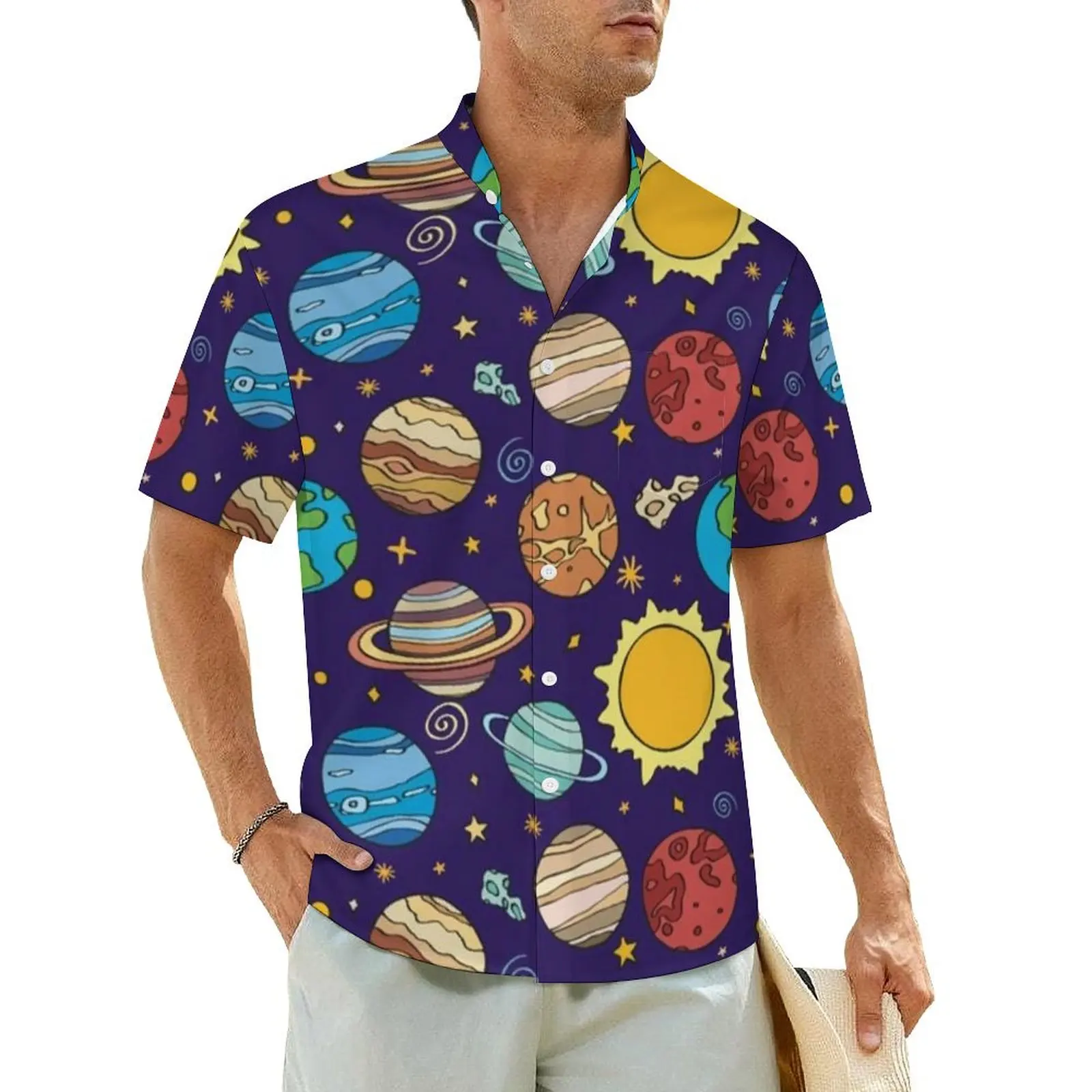 Cartoon Sun Hawaii Shirt Man Beach Solar System Print Casual Shirts Short Sleeve Comfortable Design Novelty Oversized Blouses