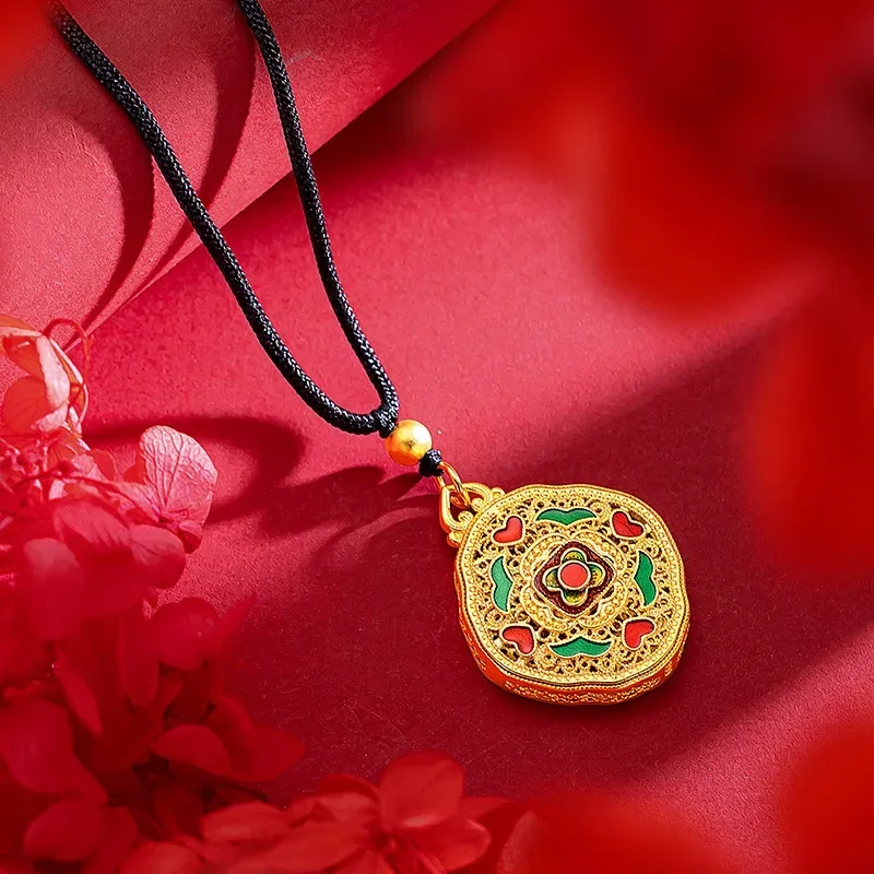 

9999 Real Gold 24K Vintage Enamel Burnt Blue Silk Pendant Ancient Gold Ethnic Wind Hollow Burnt Blue Love Flower Card