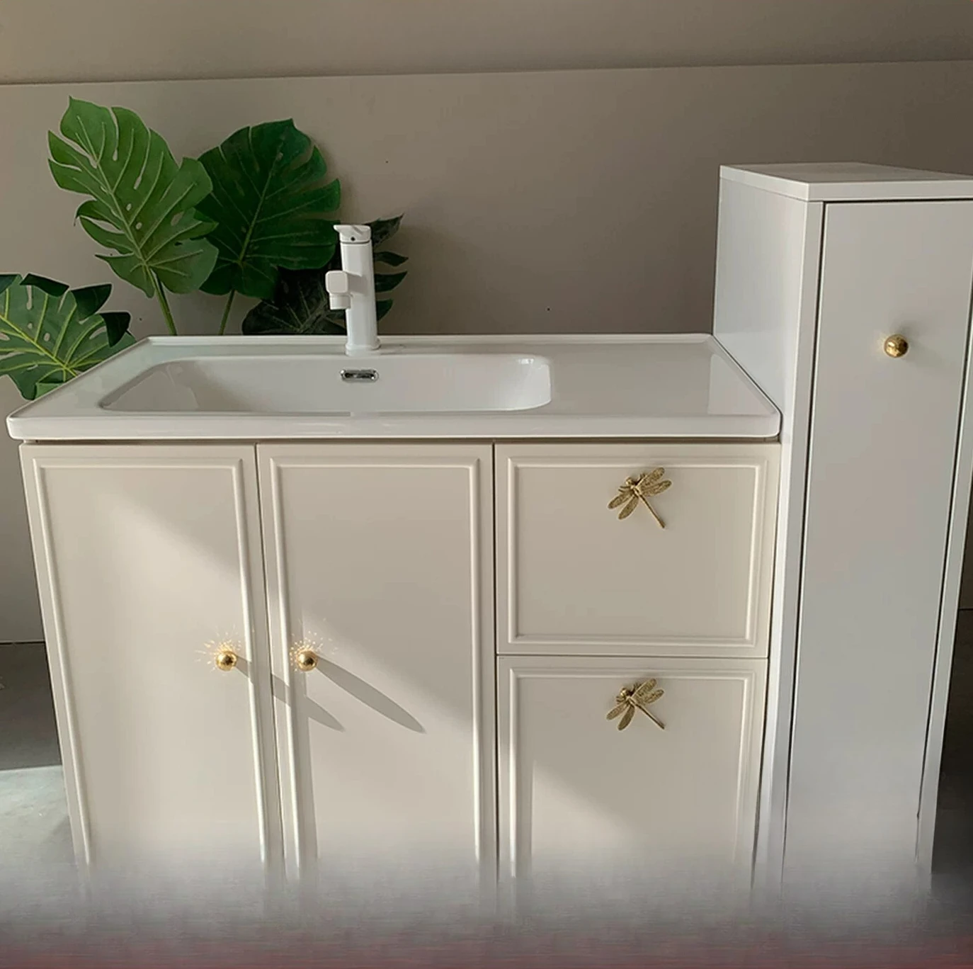 

PYH light cream wind bathroom cabinet ceramic integrated basin of the same style half wall pull basket