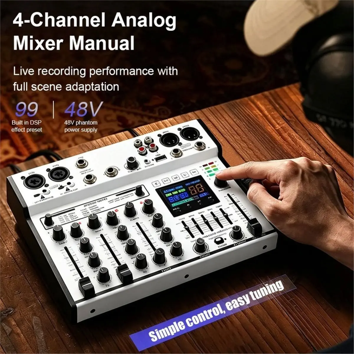 99DSP 4-Channel Analog Mixer 5 Band Stereo EQ and OTG Live Streaming with Bluetooth Audio and Dual Sound Card Black