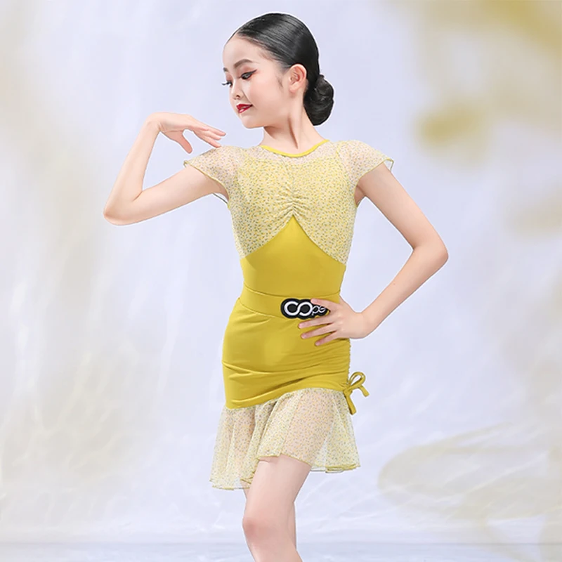 

Girls Latin Dance Clothes Backless Tops Mesh Stitching Skirt ChaCha Dancing Competition Costume Rumba Dancer Outfit YS4020