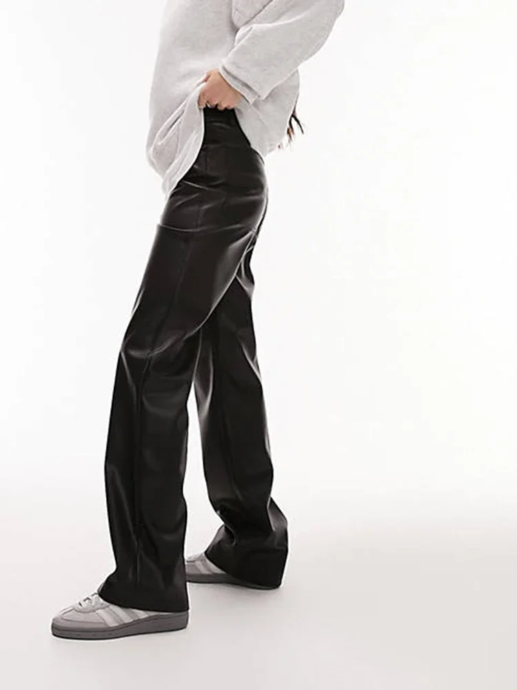 Women Black Matte Leather Straight Trousers Ladies Casual PU Long Loose Pants With Pocket Female Wide Leg Trousers Summer Custom