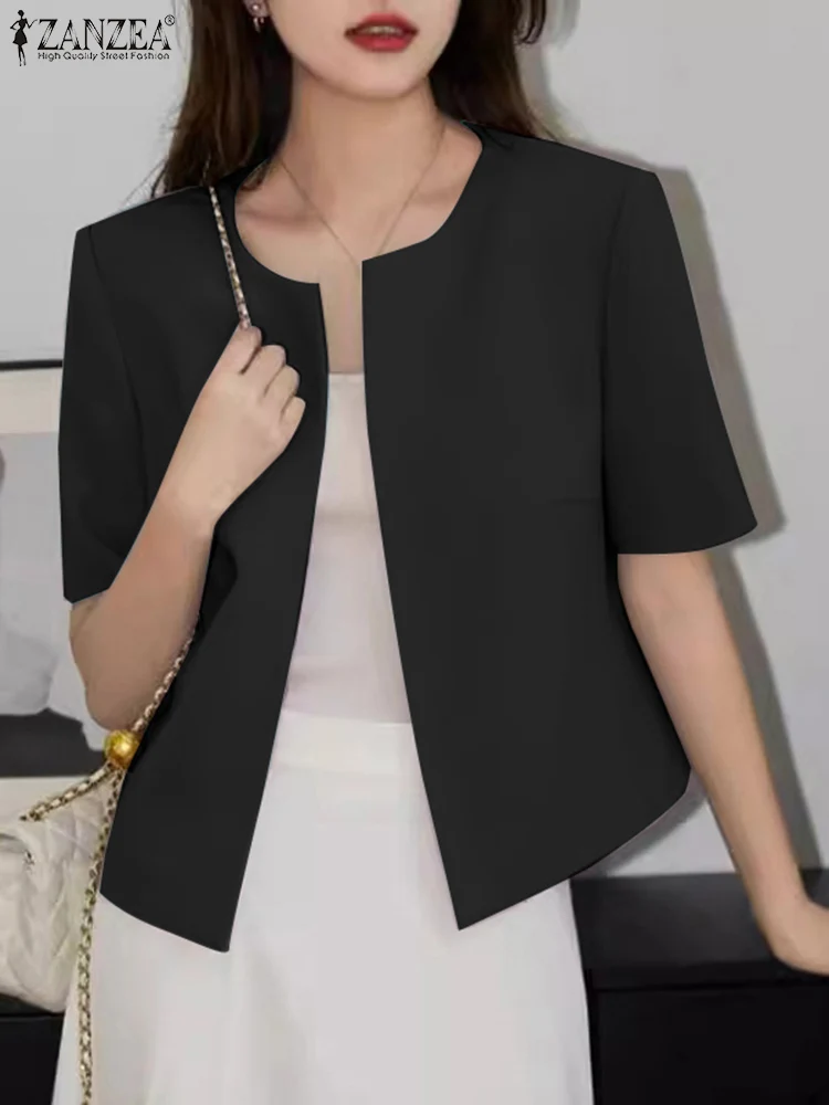 

ZANZEA Elegant Women's Cardigan Tops Office Lady Short Sleeve O-Neck Open Front Shirts 2025 Summer Solid Color Casual Outerwear