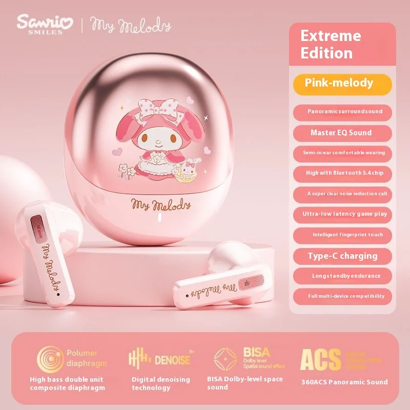 Sanrio 2024 New Bl02 Bluetooth 5.4 Earphones Kuromi Melody Cinnamoroll Earbuds Led Long Endurance Noise Canceling Headphones