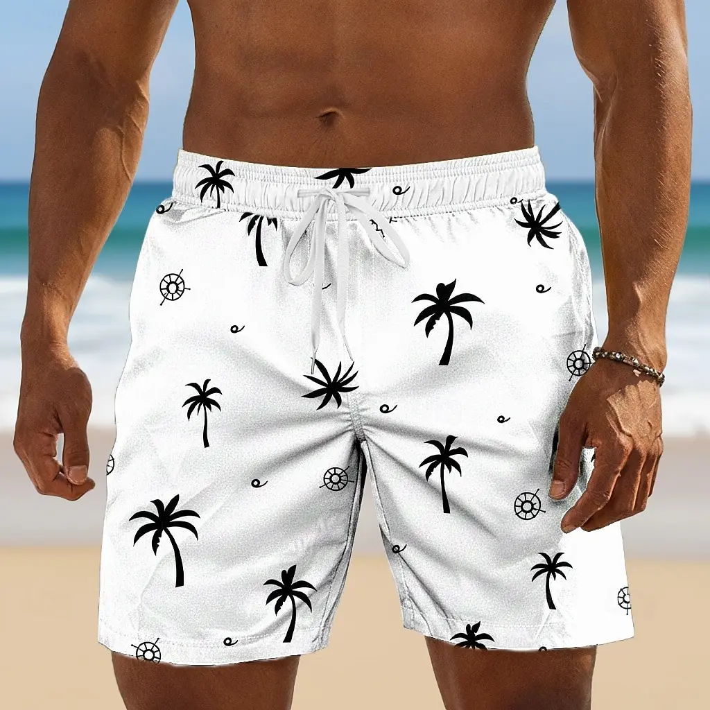 Men's Bright Yellow Palm Tree & Nautical Print Drawstring Shorts, Casual Loose Fit For Spring Summer Daily Beach Vacation