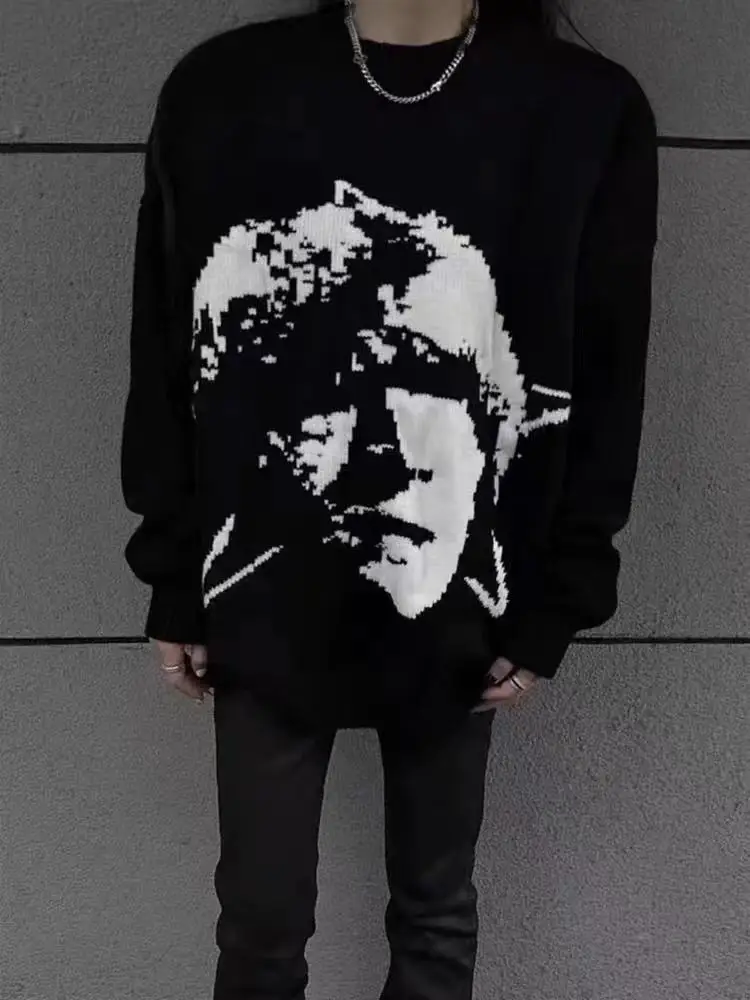 

Cleanfit Heavyweight Knitwear Autumn Winter American Retro Sle Star Portrait Men's Sweater Rich Second Generation Casual Wear