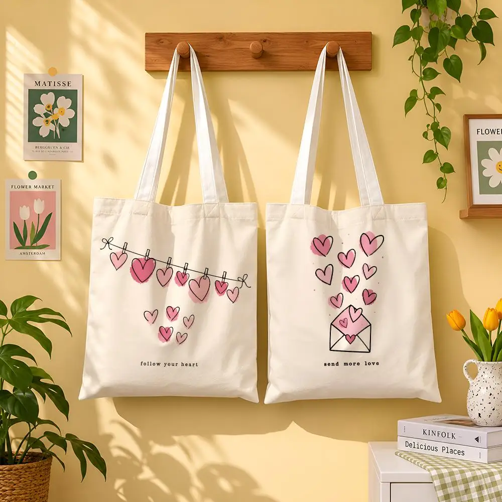 Pink Heart Love Aesthetic Inspirational Art Storage Bags 1pc Canvas Tote Bag Reusable Shopping Shoulder Bag For Women Daily Use