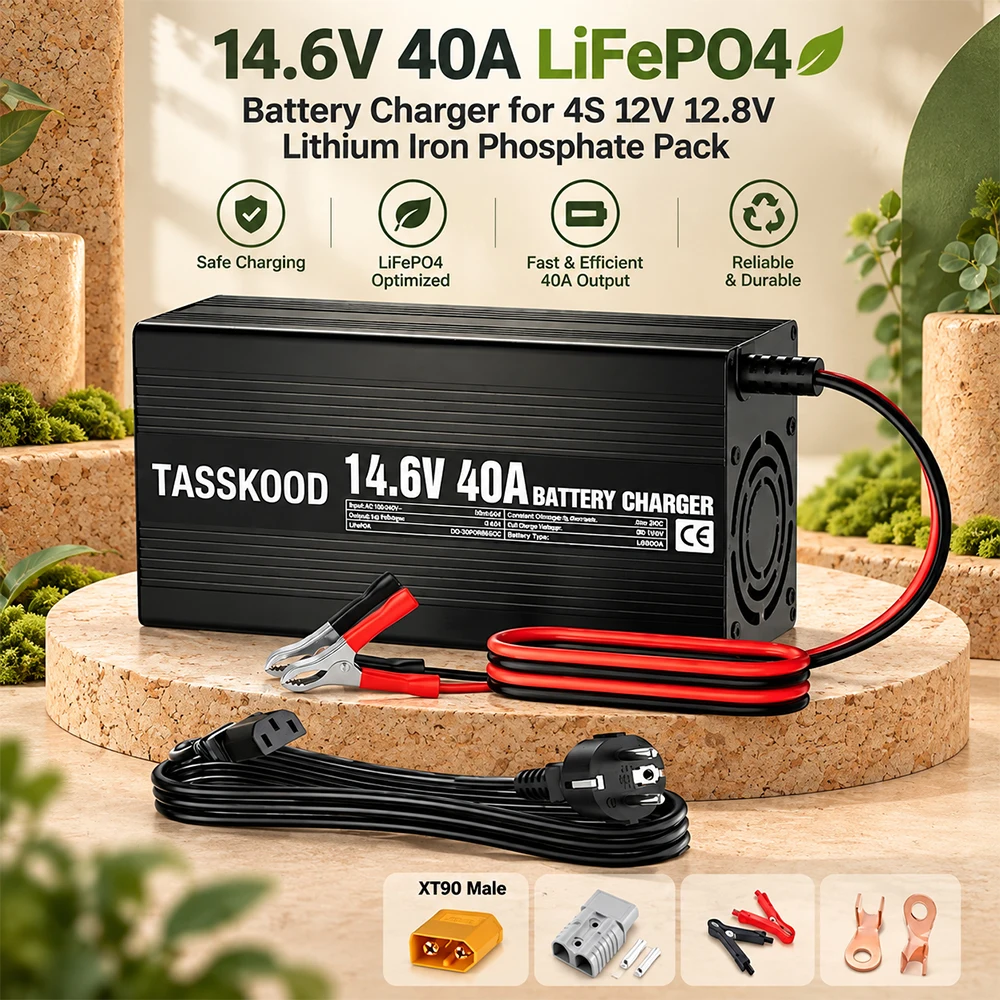 14.6V 40A LiFePO4 Battery Charger for 4S 12V / 12.8V Rechargeable Lithium Iron Phosphate Battery Packs with Dual Alligator Clips
