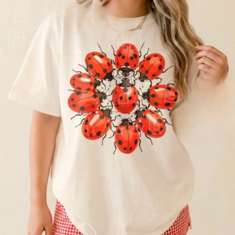 Ladybug Graphic Tee Insect Mandala Art Shirt Bug Lover Gift Nature Aesthetic Cottagecore Tee Vintage Botanical Unisex Shirt