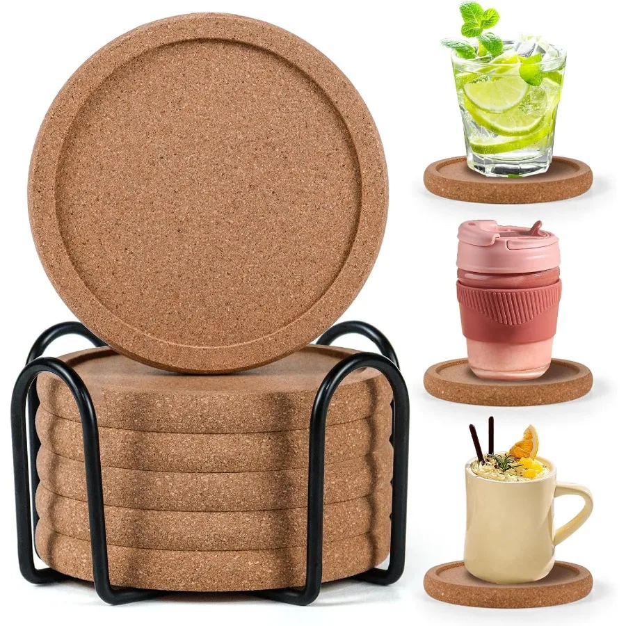 

Cork Coasters for Drinks Set of 6 with Holder Absorbent Round Coasters with Lip Heat Resistant and Table Protective 4'' Diamete