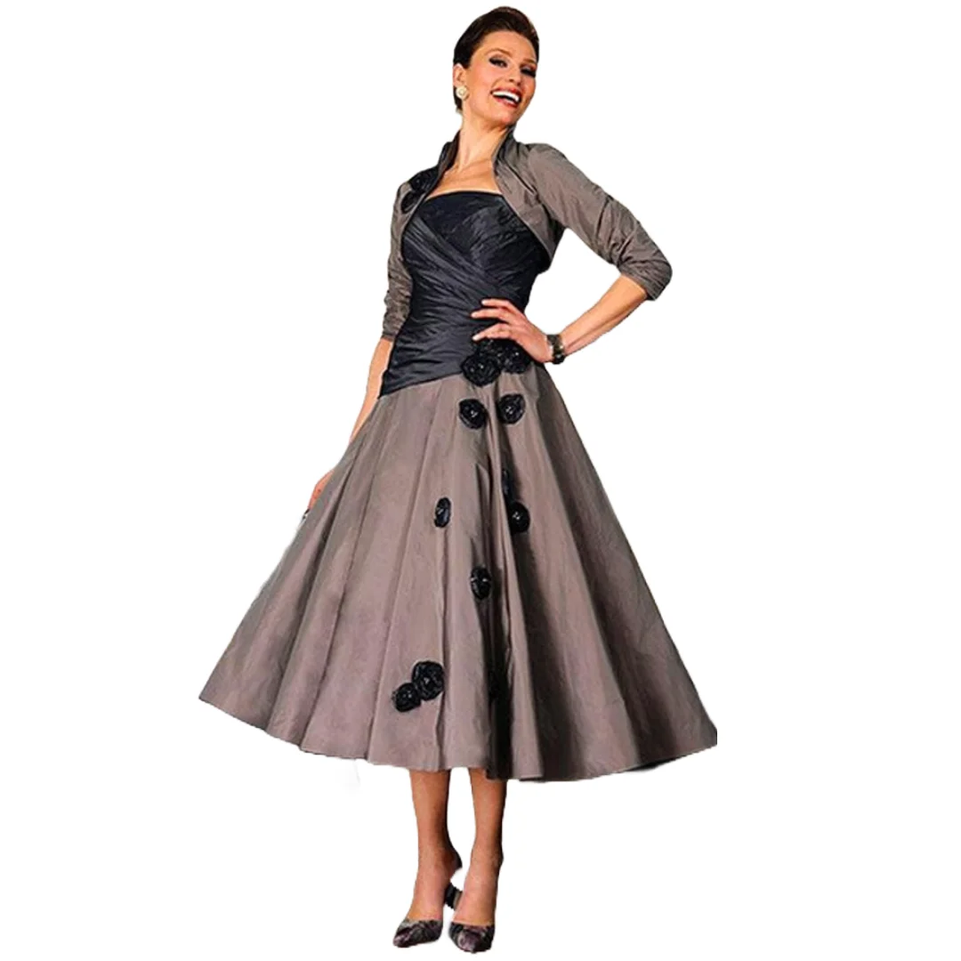 Customized Retro Mother Of The Bride Dresses with Jacket Midi A-Line Taffeta Contrast Color Black 3D Flower Formal Wedding Party