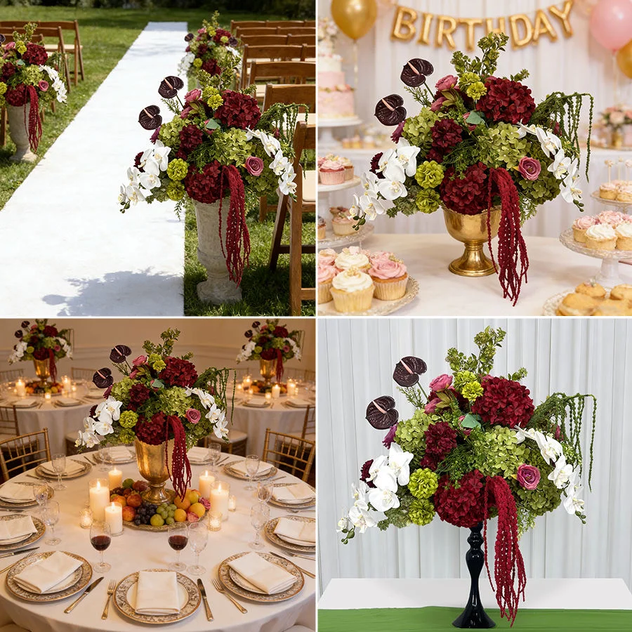 Grüne Burgunderrote Künstliche Blumenarrangements Anthurium Hortensie Orchidee Tischdekoration Blumenball Hochzeit Esstisch Blumendeko – Detail 1
