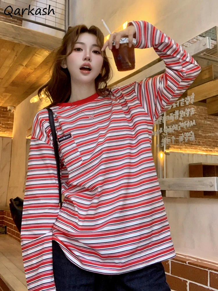 

Женские футболки с длинным рукавом, осенние полосатые мешковатые, уютные, универсальные, темпераментные, уличные, повседневные, корейские, модные, для колледжа