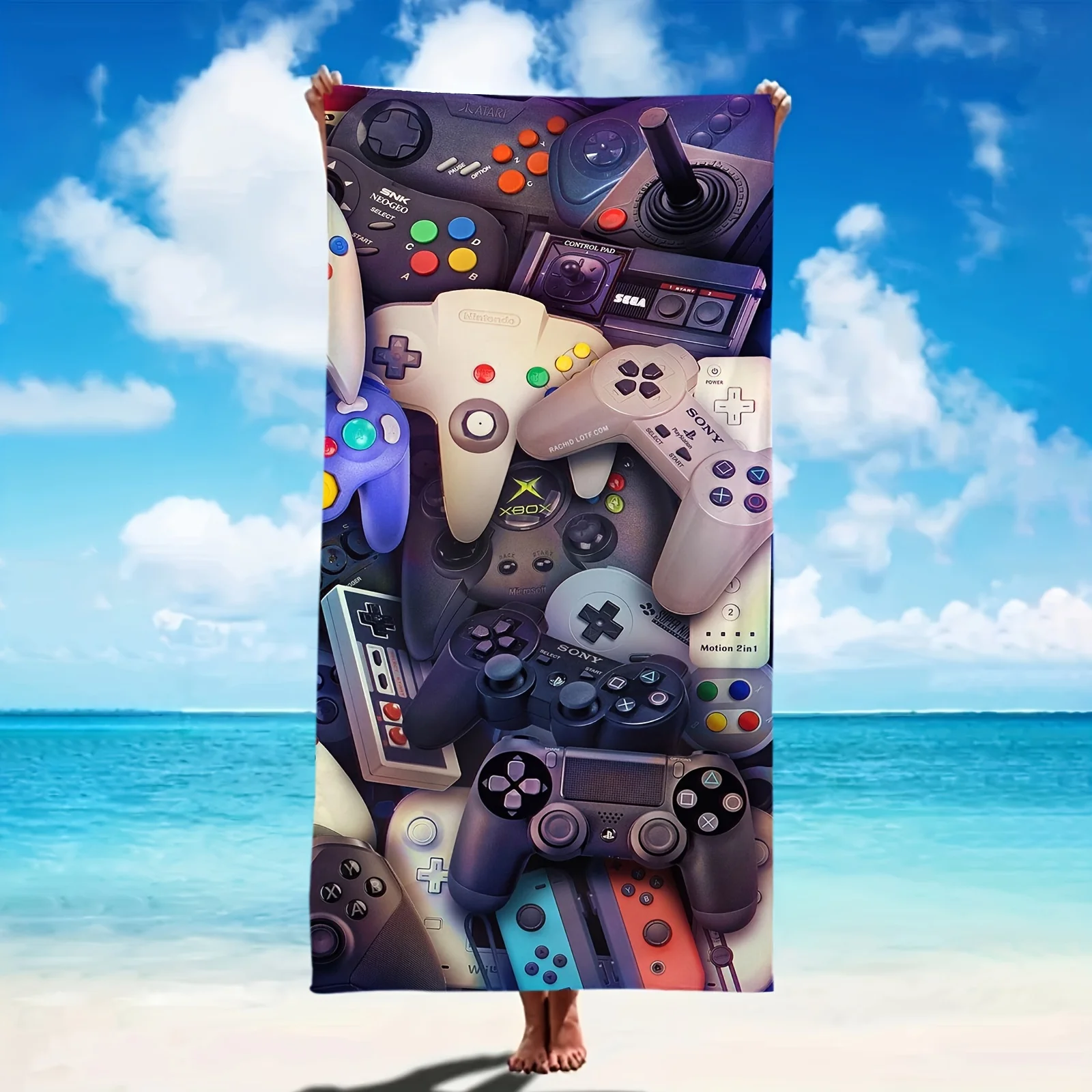 1pc Large Gaming Controller Print Beach Towel, Vibrant Towel For Travel Camping Pool Outdoor Lightweight Swim Blanket Towel