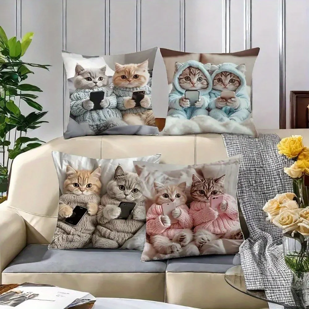 2D Flat Cute Cat Couple Playing Phone Throw Pillow Covers Pet Sofa Couch Cushion Cases for Bedroom Home Decor No Pillow Core