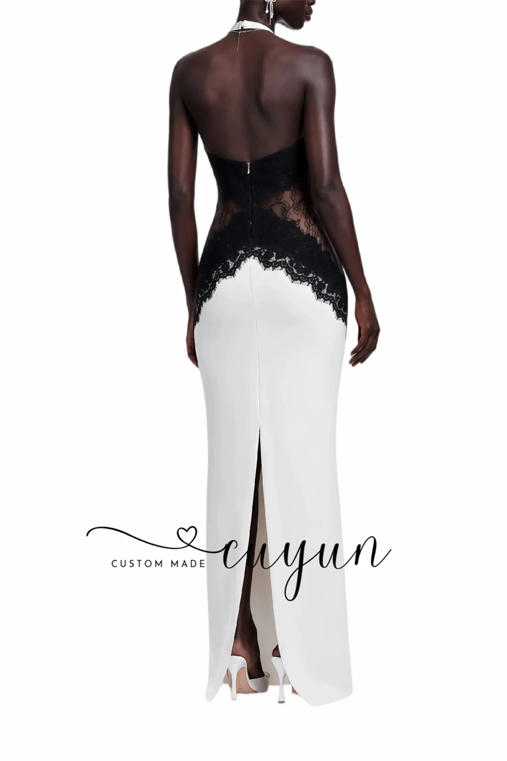 CUYUN White Halterneck Cut-out Maxi Dress Straight Gown Customized O-Neck Sleeveless Lace Patchwork Evening Dresses Formal Gown