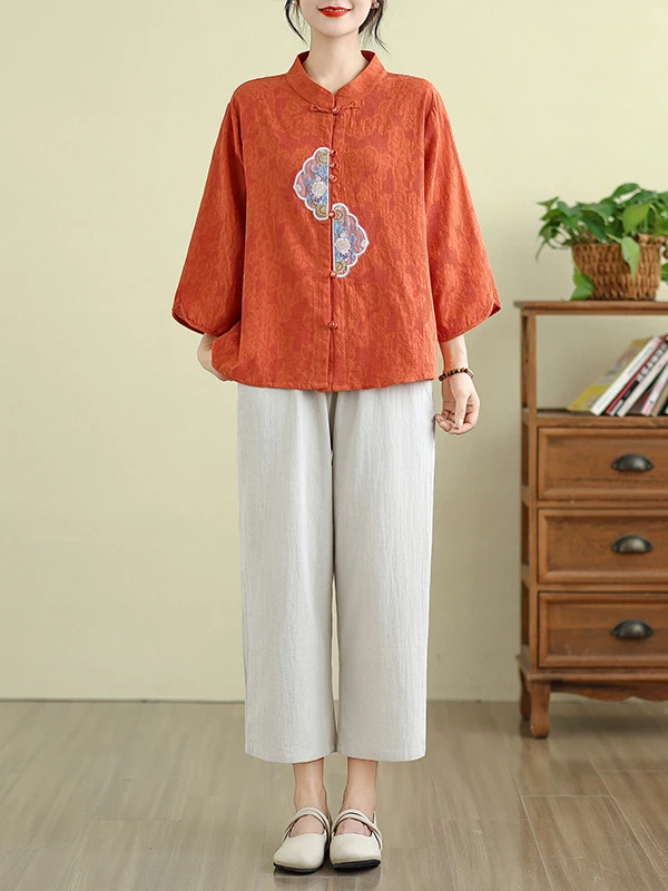 Elegancki haftowany zestaw z bawełny i lnu dla kobiet w średnim wieku, casualowy, spódnica o długości siedmiu stóp i spodnie z ośmioma elementami.