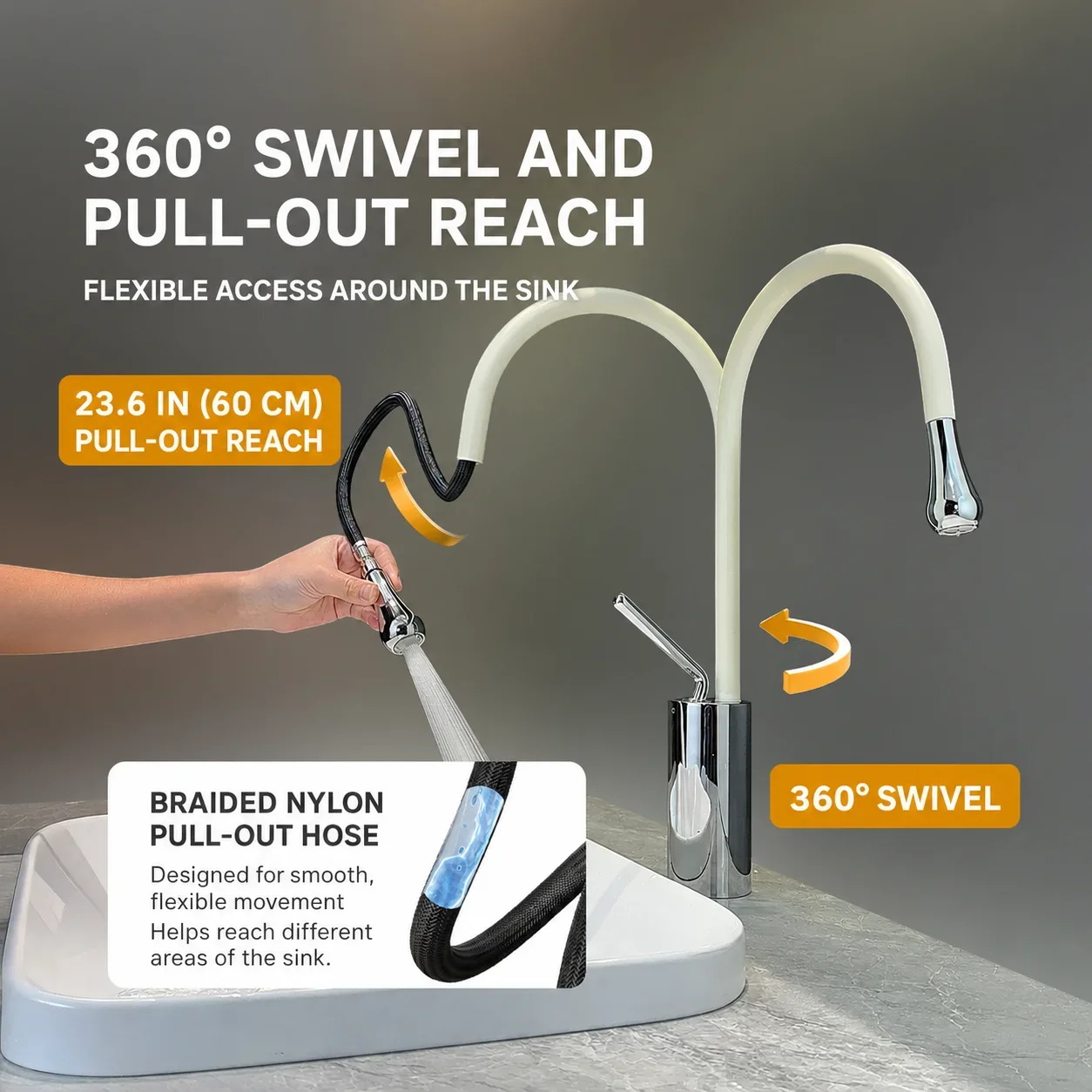 High Arc Vanity Bathroom Faucet, Pull Out Sprayer, 360 Swivel Dual Mode Hot Cold Brass Sink Mixer Tap Single Handle
