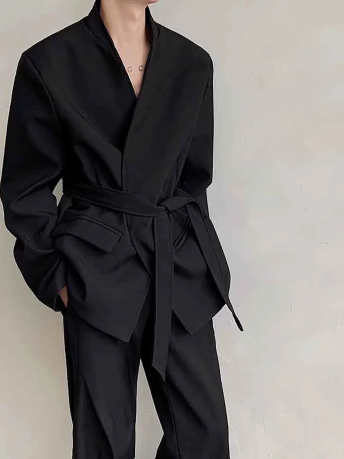 

Naples Sle Men's Jaet No Collar with Belt Cool And Haome Korean Pure Color Long Sve Spring Autumn Casual Fit