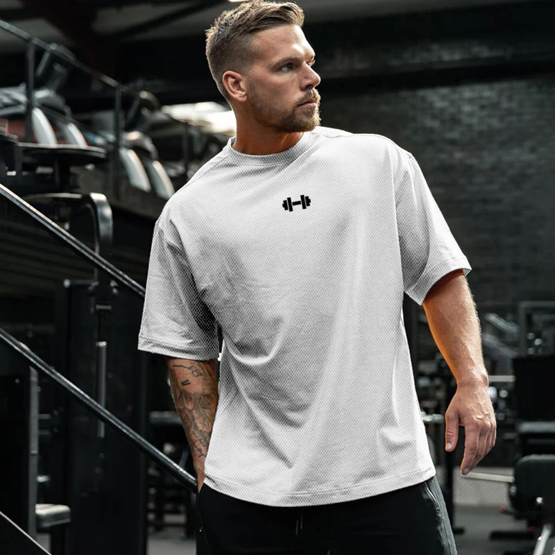 Mesh Oversized Half Sleeve Running Shirt Mens Fitness T Shirt Quick Dry Loose Sportswear Gym Clothing Loose Bodybuilding T-shirt