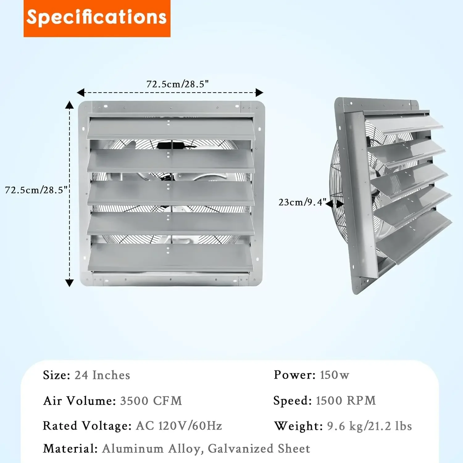 24 inch aluminium wandgemonteerde sluiter-afzuigventilator, 3500 CFM 1500 RPM verfcabine-afzuigventilator met uitlaat en inlaat, hoge snelheid laag