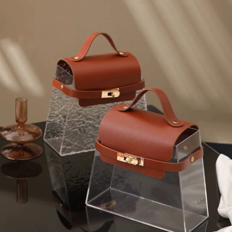 Valentine's Day Trapezoidal Acrylic Leather Flip Handbag Mother's Day Transparent Gift Decoration Box Banquet Gift Packaging Box